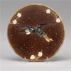 JOSEPH HOLDCROFT MAJOLICA dessert plate, circa 1870, patterned with a flying crane in cobalt blue…
