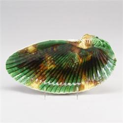 WEDGWOOD MAJOLICA shell-form serving dish, dated 1864, with mottled glazes. Impressed WEDGWOOD, d…