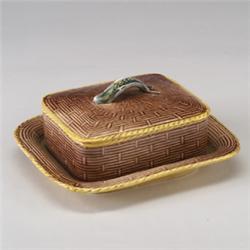 ENGLISH MAJOLICA sardine box and cover, circa 1875, rectangular, with yellow rope borders and nat…