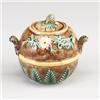 ENGLISH MAJOLICA sugar bowl and cover, circa 1875, with floral and fern design on brown rustic gr…
