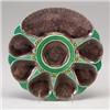 MINTONS MAJOLICA oyster plate, dated 1887, with six shell-form oyster wells and a large cracker w…
