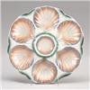 SARREGUEMINES MAJOLICA oyster plate, circa 1920, with six shell-form oyster wells, glazed in past…