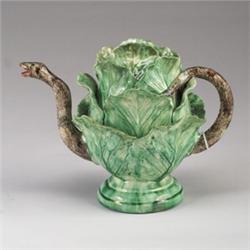 Good PORTUGUESE PALISSY WARE cabbage-leaf coffee pot and cover, circa 1880, modeled as a naturali…
