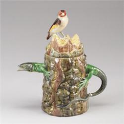 Unusual PORTUGUESE PALISSY WARE coffee pot and cover, circa 1900, modeled as a rustic tree stump …