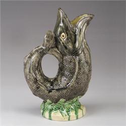 Large PORTUGUESE PALISSY WARE gurgling fish jug, circa 1880, naturalistically colored and modeled…