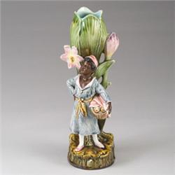 Continental BARBOTINE figural vase, probably Austrian, circa 1900, modeled as a Moorish boy holdi…