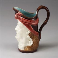 FRENCH MAJOLICA double face jug, circa 1900, modeled as inverted and conjoined happy and sad face…