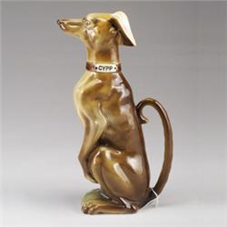 FRENCH KELLER ET GUERIN MAJOLICA whippet jug, circa 1900, naturalistically modeled and glazed, th…