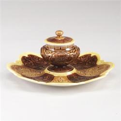 FRENCH GEORGES DREYFUS MAJOLICA inkwell and cover, circa 1890, quatrefoil, in Renaissance style, …