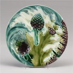 FRENCH KELLER ET GUERIN MAJOLICA asparagus plate, circa 1910, decorated with asparagus plants in …