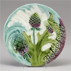 FRENCH KELLER ET GUERIN MAJOLICA asparagus plate, circa 1910, decorated with asparagus plants in …