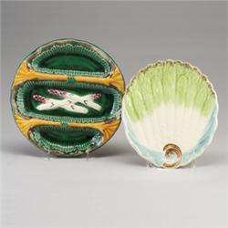FRENCH MAJOLICA asparagus serving plate, circa 1920, Molded T.N. BAVENT/ Made in France. 9 3/4" d…