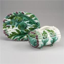 FRENCH MAJOLICA asparagus tureen, cover and stand, probably KELLER ET GUERIN, circa 1910, modeled…