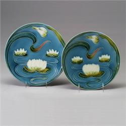 Two similar ZELL POTTERY dessert plates, circa 1900, with Art Nouveau pond lily pattern in Majoli…