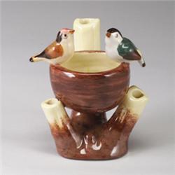 JEROME MASSIER MAJOLICA figural vase, 20th century, modeled with two birds perched on a nest with…