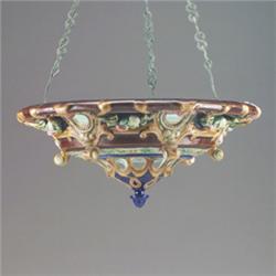 SARREGUEMINES MAJOLICA hanging jardiniere, circa 1880, in English taste, richly decorated with fl…