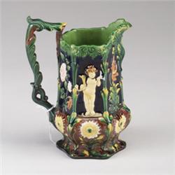 WILHELM SCHILLER AND SONS MAJOLICA jug, circa 1880, in English taste, richly decorated with panel…