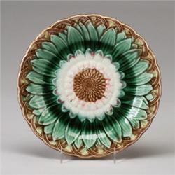 Victorian MAJOLICA dessert plate, circa 1880, richly decorated in green, yellow, brown and white …