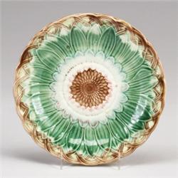 Victorian MAJOLICA dessert plate, circa 1880, richly decorated in green, yellow, brown and white …