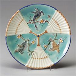WEDGWOOD dessert plate, dated 1879, with bird and fan pattern on pale blue ground. Impressed mark…