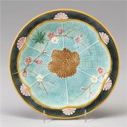 WEDGWOOD MAJOLICA dessert plate, dated 1882, with Japanese prunus on pale blue ground. Impressed …