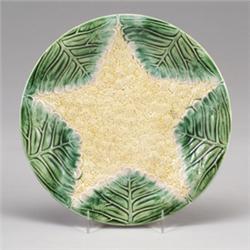 ETRUSCAN MAJOLICA cauliflower plate, circa 1875, in naturalistic colors with pink edging to leave…