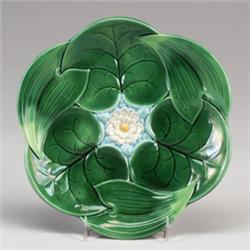 GEORGE JONES MAJOLICA pond lily center, circa 1869, in naturalistic colors, the foot with lily pa…