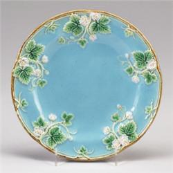 GEORGE JONES MAJOLICA dogwood dessert plate, circa 1870, with pale blue ground. Painted design nu…