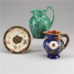 Three ENGLISH MAJOLICA items, a cobalt blue ground jug, a Wedgwood green glaze wine jug (modern),…