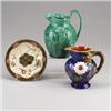 Image 1 : Three ENGLISH MAJOLICA items, a cobalt blue ground jug, a Wedgwood green glaze wine jug (modern),…