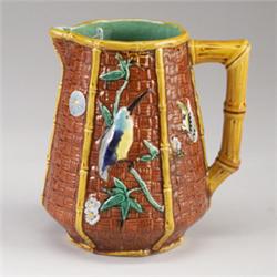 SIMON FIELDING MAJOLICA jug, circa 1875, with kingfisher on prunus branch in colors, yellow bambo…