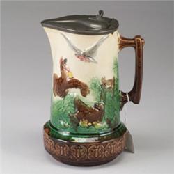 ENGLISH MAJOLICA ale jug, circa 1890, patterned with farm yard animals, original hinged pewter li…