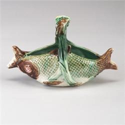 Unusal ENGLISH MAJOLICA double fish jardiniere, circa 1880, with bullrush handle. Molded registry…