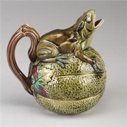 Victorian MAJOLICA figural jug, probably French, circa 1880, modeled as a frog with open mouth se…