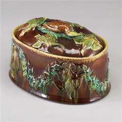 ENGLISH MAJOLICA game pie dish and cover, attributed to WEGDWOOD, circa 1870, oval, with game des…