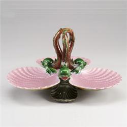 GEORGE JONES MAJOLICA center, circa 1875, modeled as three scallop shells supported by three dolp…