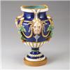 Image 1 : Early MINTON MAJOLICA vase, circa 1855, molded with four mask handles and leafage joined by rope …