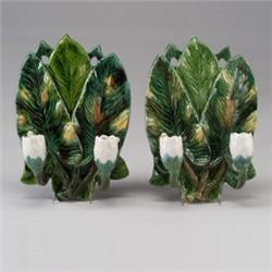 Fine and rare pair of Victorian MAJOLICA double wall sconces, probably French, circa 1870, each w…