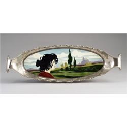 Fine and rare oval pewter tray with JOHANN VON SCHWARZ Art Nouveau tile, decorated in cuenca with…