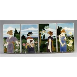 Fine and rare series of four tiles by JOHANN VON SCHWARZ, each depicting a different woman in pro…