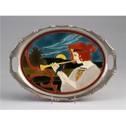 Fine and rare oval pewter tray with JOHANN VON SCHWARZ Art Nouveau tile, decorated in cuenca with…