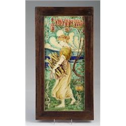 Fine and unusual turn-of-the-century English tile incised with a Pre-Rafaelite maiden carrying st…