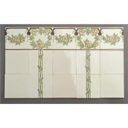 Fine GILLIOT & Cie (Hemixem, Belgium) nine-tile frieze with drops tube-lined with pink and yellow…