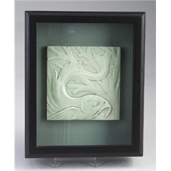 Fine ERNST TEICHERT (Germany) tile with molded fish, celadon glaze, in black box frame. Two small…
