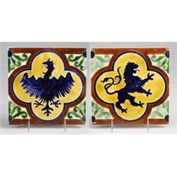 Two fine BOCH FRERES heraldic tiles decorated in cuerda seca with a rampant lion or a phoenix in …