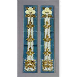 Pair of GILLIOT & Cie. (Hemixem, Belgium) vertical five-tile friezes with yellow Glasgow roses ov…