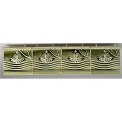 Eight German bullnose tiles, each embossed with a poppy under glossy green glaze. Some small nick…