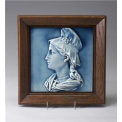 AMERICAN ENCAUSTIC TILING CO. tile embossed with a lady in profile wearing a bonnet, under a rare…