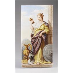 Large English plaque china-painted with a classical maiden holding a gold cup, and standing next …