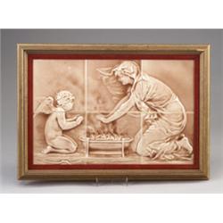 Fine UNITED STATES ENCAUSTIC six-tile panel molded with Venus and Cupid warming themselves over a…